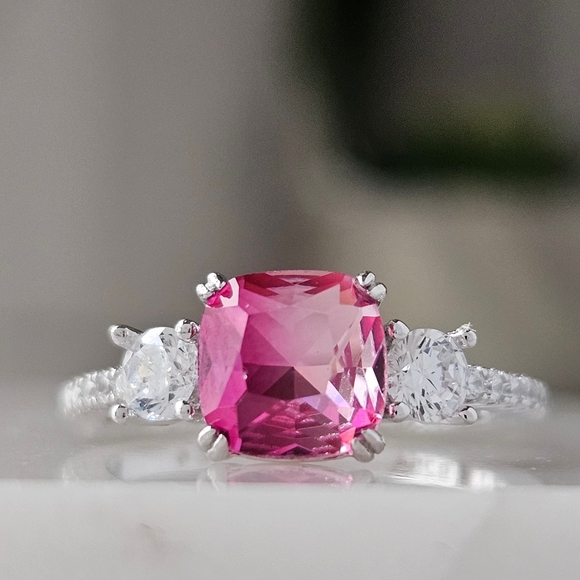 Pink Topaz Cushion Square Gemstone Ring, 925 Sterling Silver Charmed Aroma - Picture 6 of 6